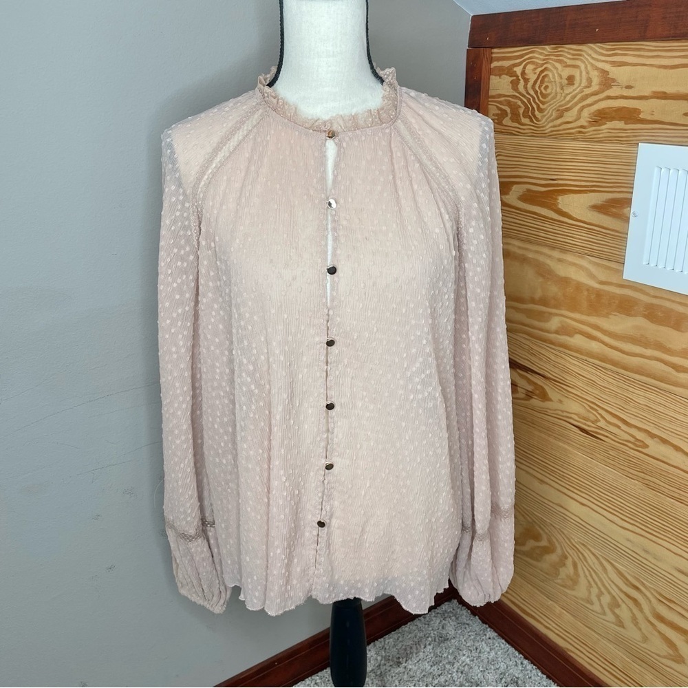 Keepsake Blush Pink Sheer Swiss Dot Peasant Open Front Button Up Blouse Small 4